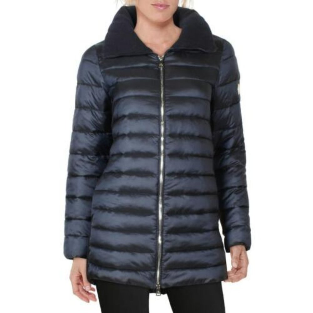 Bernardo Knit Detail EcoPlume Packable Puffer Coat, Deep Ocean, Size XL